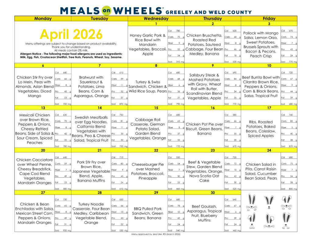April menu for Meals on Wheels of Greeley and Weld County