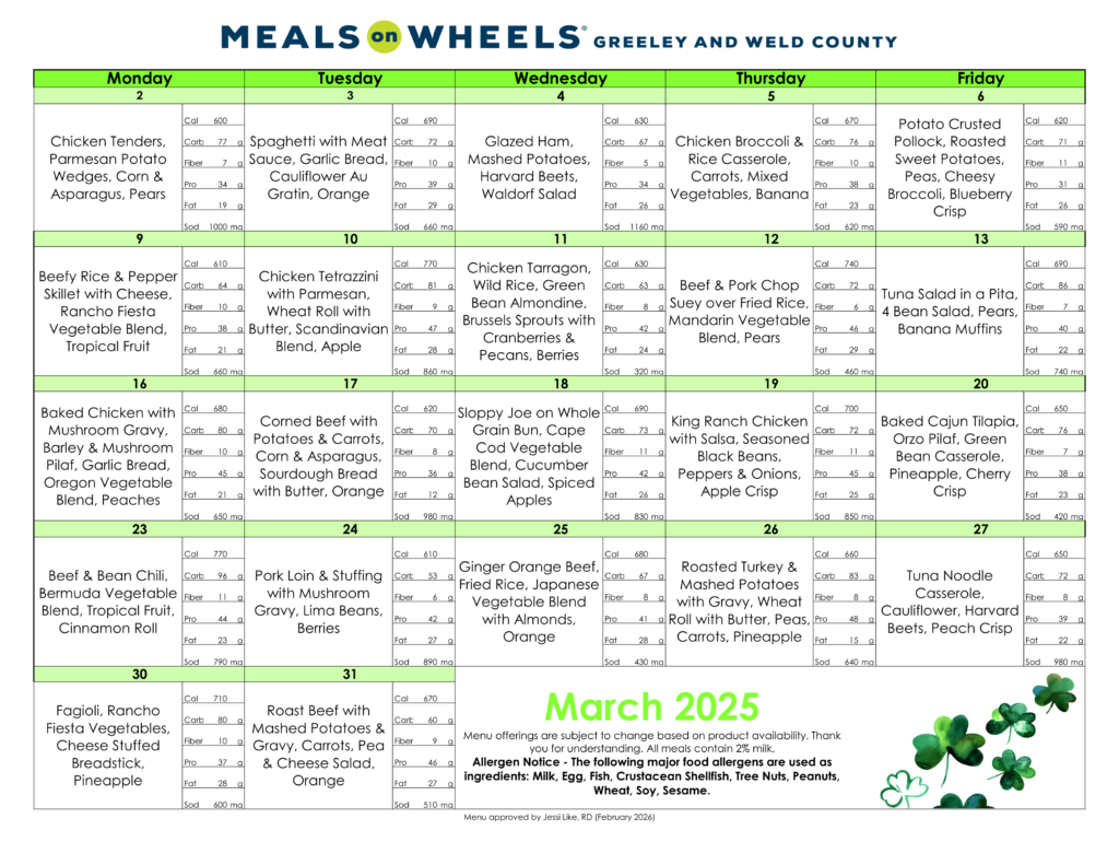 Meals on Wheels of Greeley and Weld County March 2026 monthly menu calendar showing Monday-Friday hot meal deliveries with daily entrees and sides, plus nutrition details