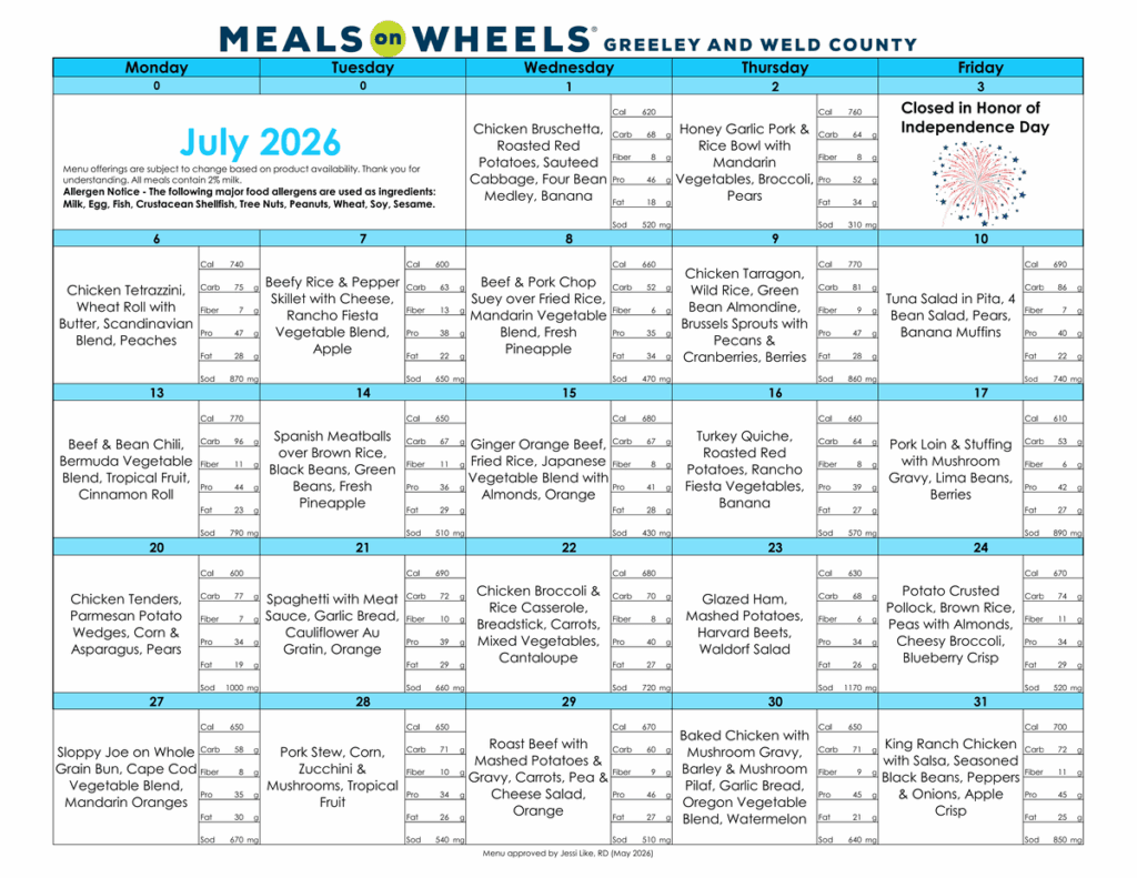 July menu for Greeley Meals on Wheels