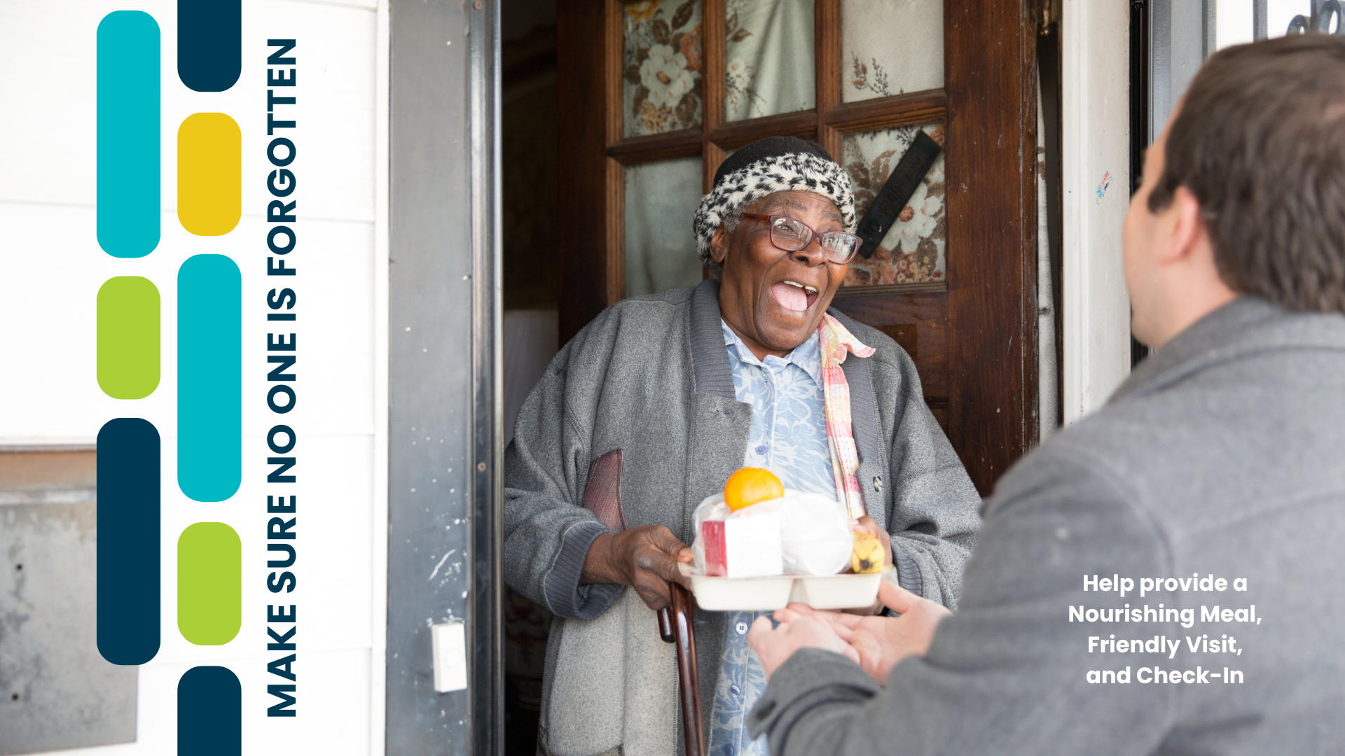Meals on Wheels volunteer delivers a nourishing meal to a smiling older adult at her front door, supporting friendly visits and wellness check-ins.