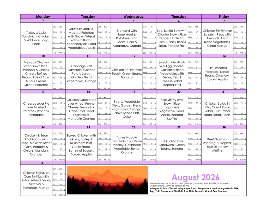 MOW Greeley August Menu