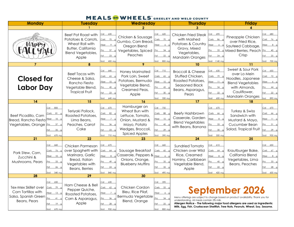 Greeley Meals on Wheels September Menu