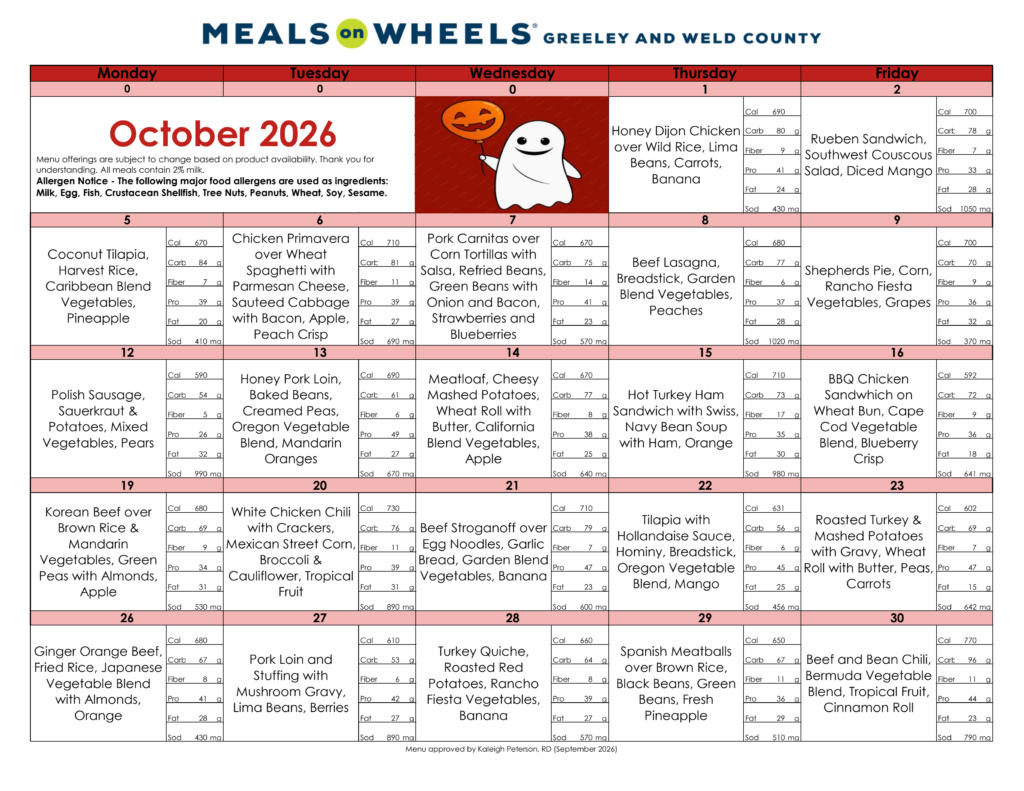 October menu for Meals on Wheels of Greeley and Weld County
